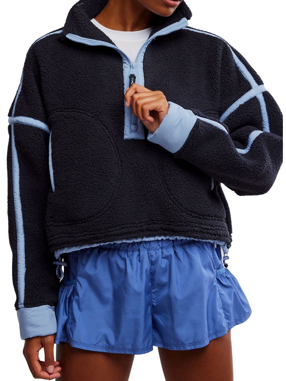 Women Dark Gray Half-Zip Fleece Top with Light Blue Trim